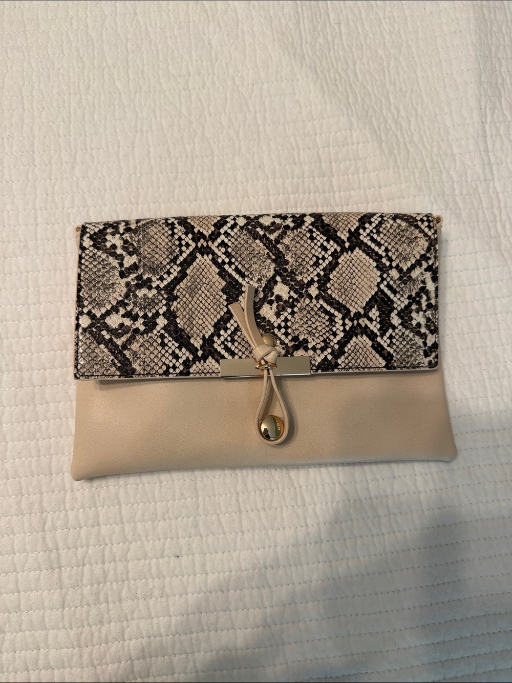 Snake-Print Flap Beige Clutch Handbag